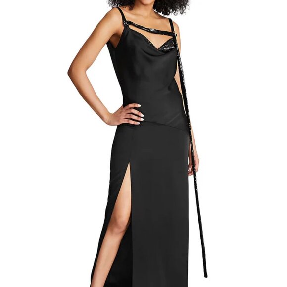 Halston Nomi Sequined Satin Column Gown Black Size 4 - Picture 1 of 7